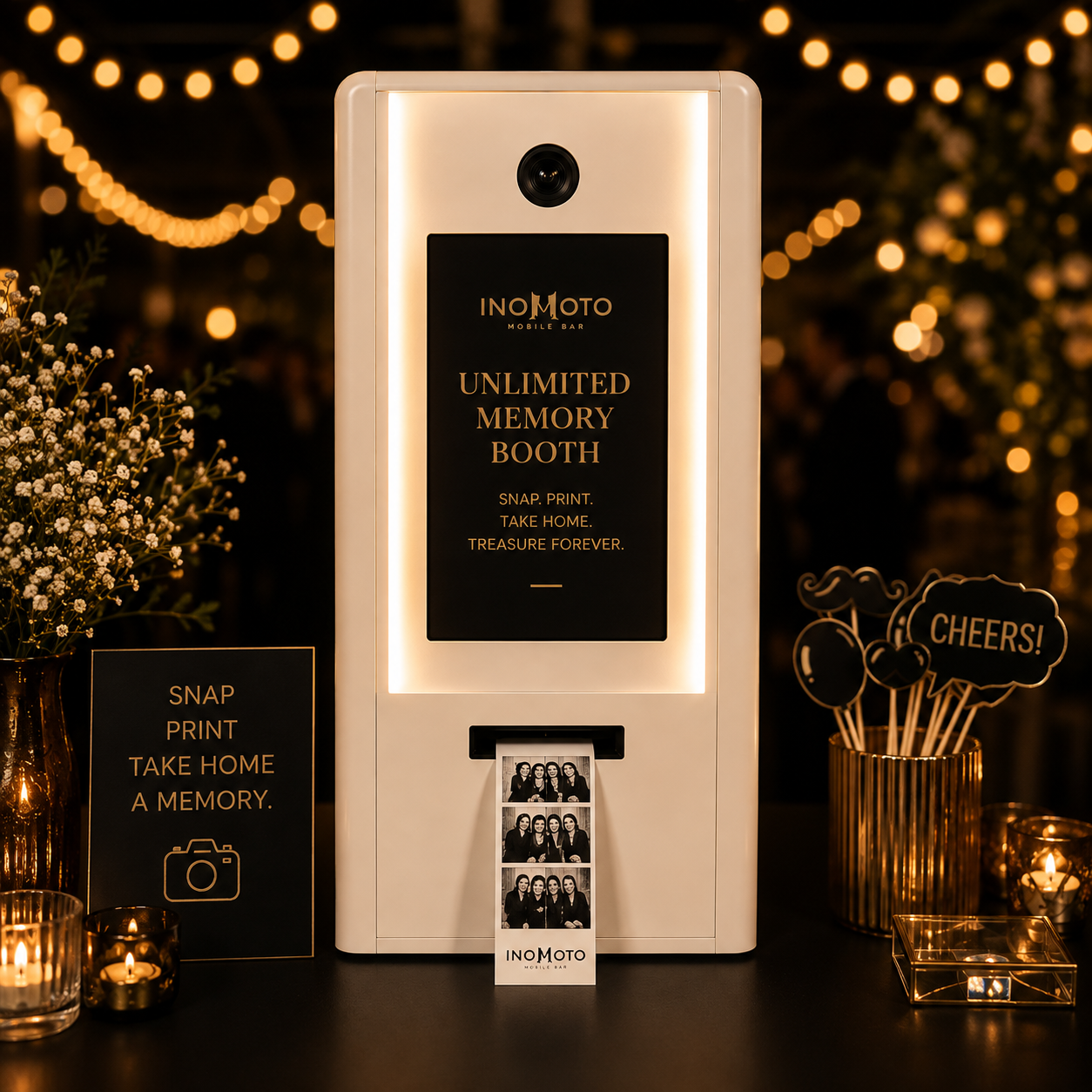 Memory Booth - receipt-style photo booth prints for guests at an Inomoto Mobile Bar event